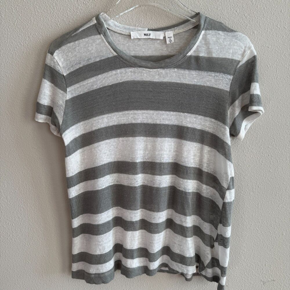 Wilt 100% Linen Gray and White Striped Cropped Tee Women's Small Scoop Neck USA